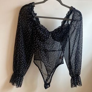 PRETTYLITTLETHING, black mesh polkadot milkmaid bodysuit, USA 2